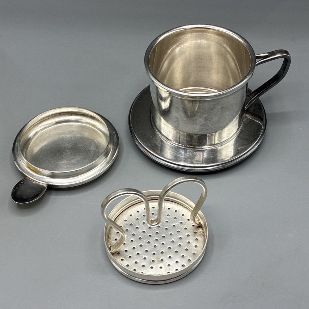 Silver Plate Tea Strainer Press Cup Handle Lid 3pc Marked