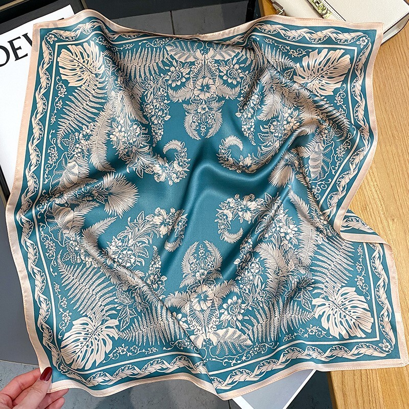 100% Silk Scarf Women Vintage Blue Flower Kerchief Square Bandana Wrap 53*53cm