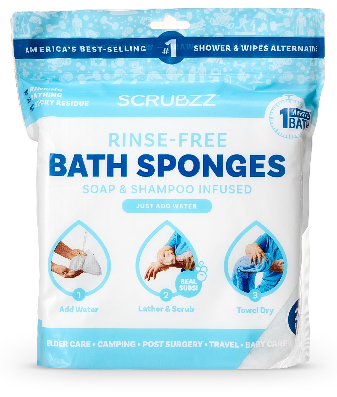 Scrubzz Disposable Rinse Free Bathing Sponges - Unscented, 50 Count