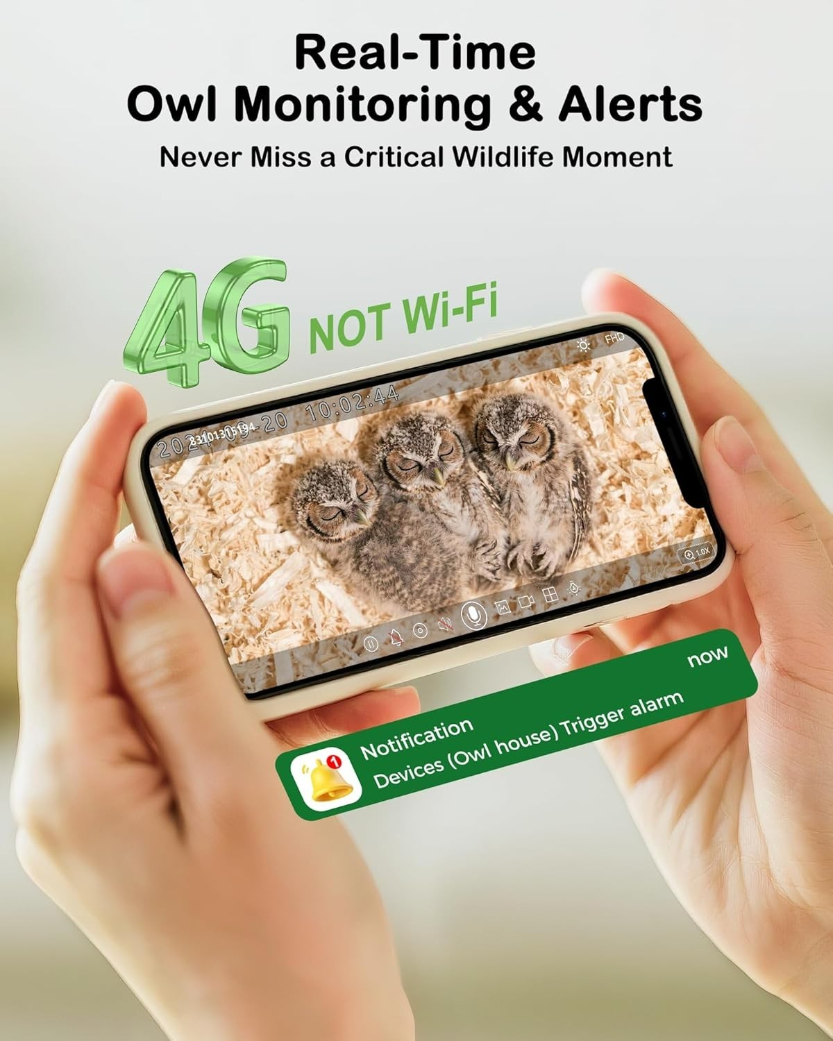 2K Owl Nesting Box Pine Wood 4G LTE Camera, Solar, Night Vision