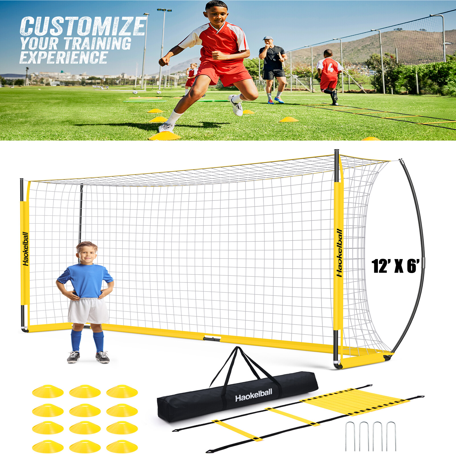 Portable Soccer Goal Net for Teens Adults 12x6FT Soccer Net with Ladder 12 Cones