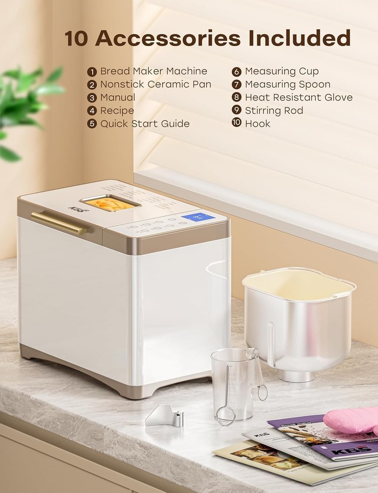 20-IN-1 Bread Maker with Custom Program, 650W Bread Machine with Nonstick Cer...