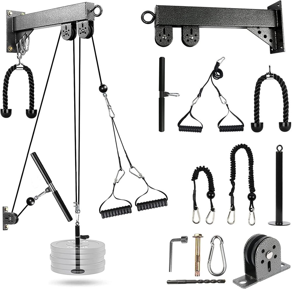 Cable Pulley System with Lat Pulldown, 3 Handles, Tricep Rope Included