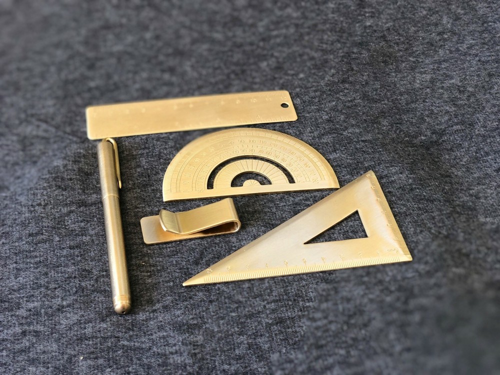 Brass Handmade Handicraft Tool Triangle Ruler Protractor Wallet Pen PRECISION OZ