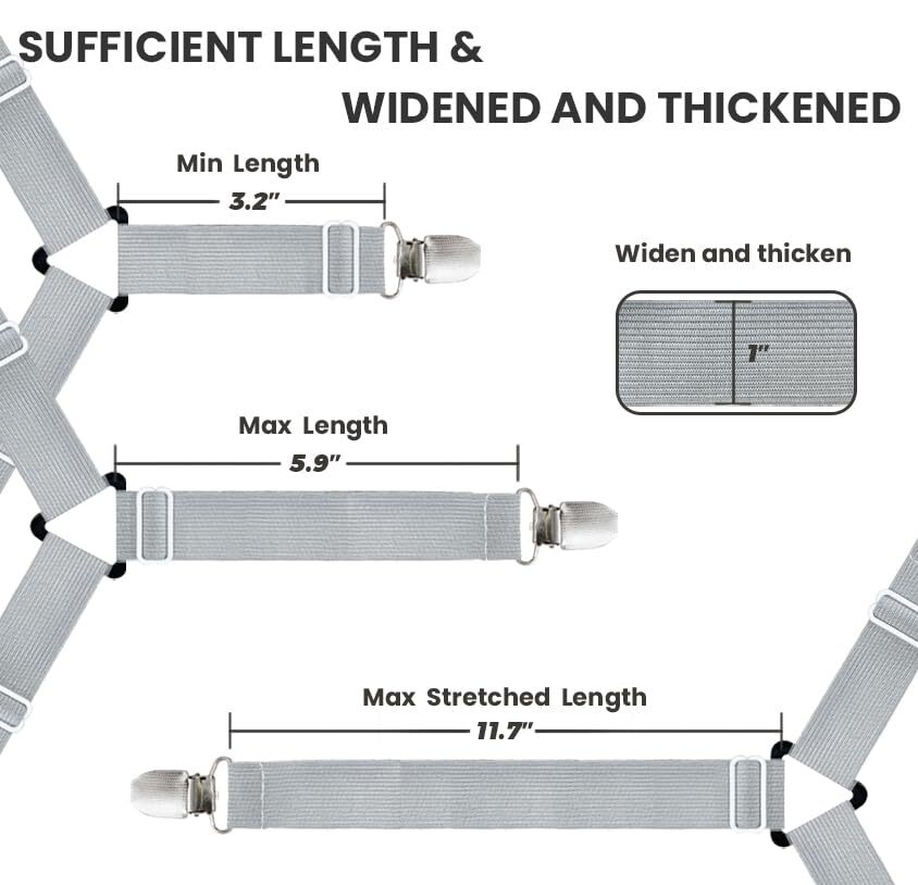 4 Pack Grey Bed Sheet Straps Elastic Fitted Sheet Clips Bed Gripper for Corners