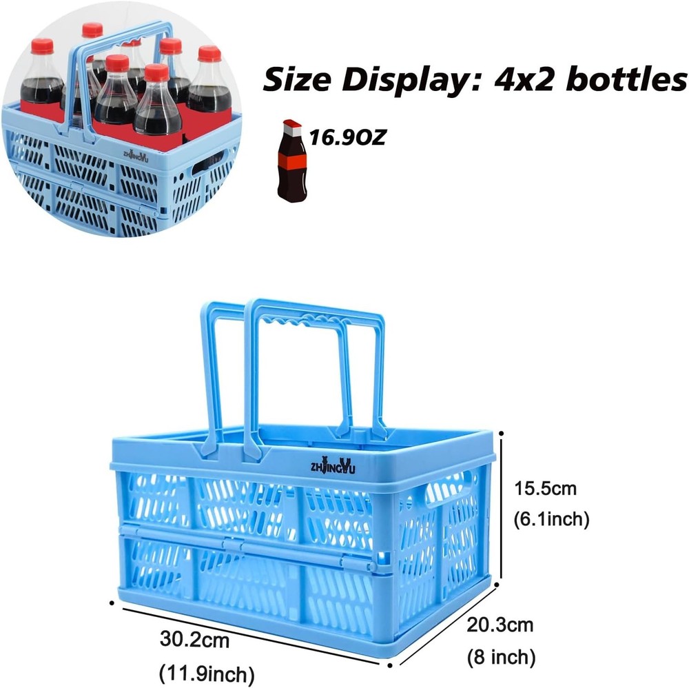 Collapsible Milk Crate – Foldable Plastic Basket with Handles, Blue, Small
