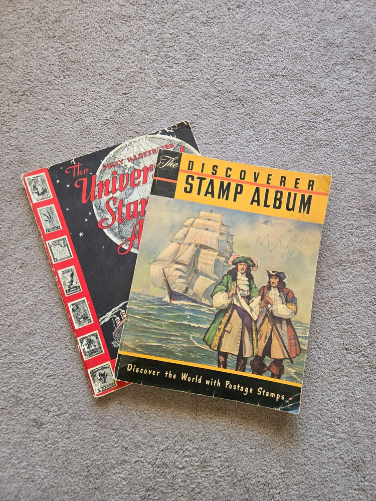 (2) Vintage Empty Stamp Albums Lot of Two 1950s Discoverer Universal Worldwide