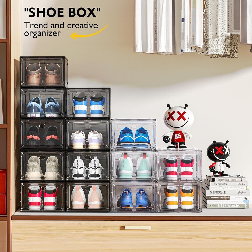 Magnetic Front Door Shoe Storage Boxes - 6 Pack Stackable Containers
