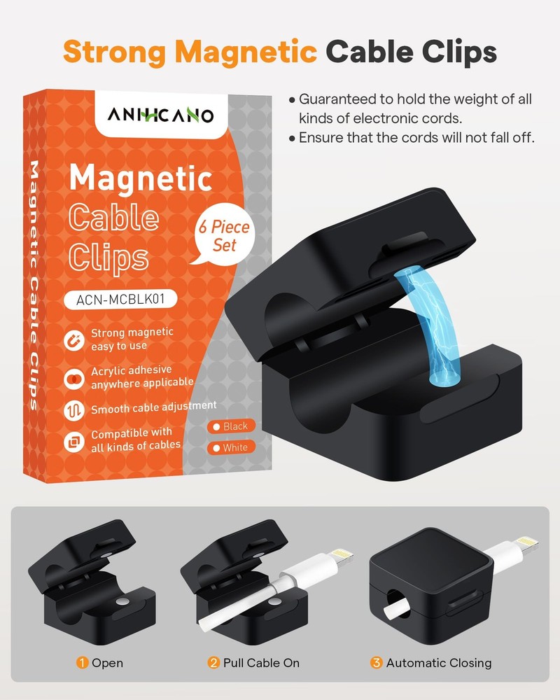 6 Pack Magnetic Cable Clips+2 Sheets (20 Lables) Cute 6-Pack, Black
