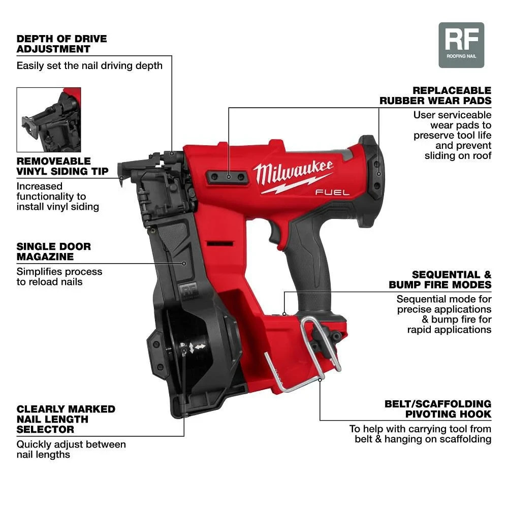 Milwaukee 2909-20 M18 FUEL 18-Volt Li-Ion Brushless Cordless Coil Roofing Nailer