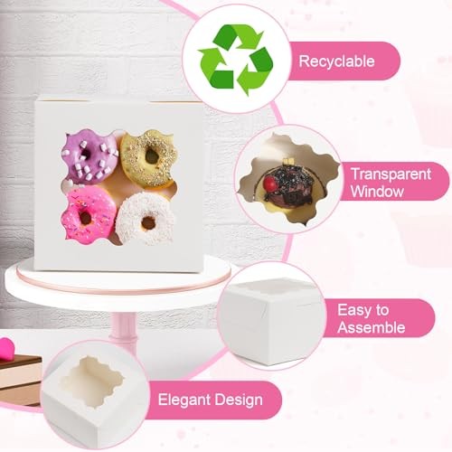 26pcs White Cookie Boxes with Window, 4x4x2.5 Inches Small Bakery Boxes with
