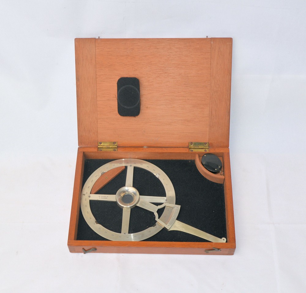 Nickel silver single arm protractor in case - Stanley. Drawing instrument.