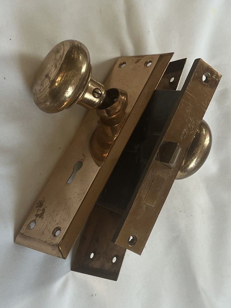 Vtg Mid Century Copper Color Door Knobs w/ Skillman Lock & Back Plates