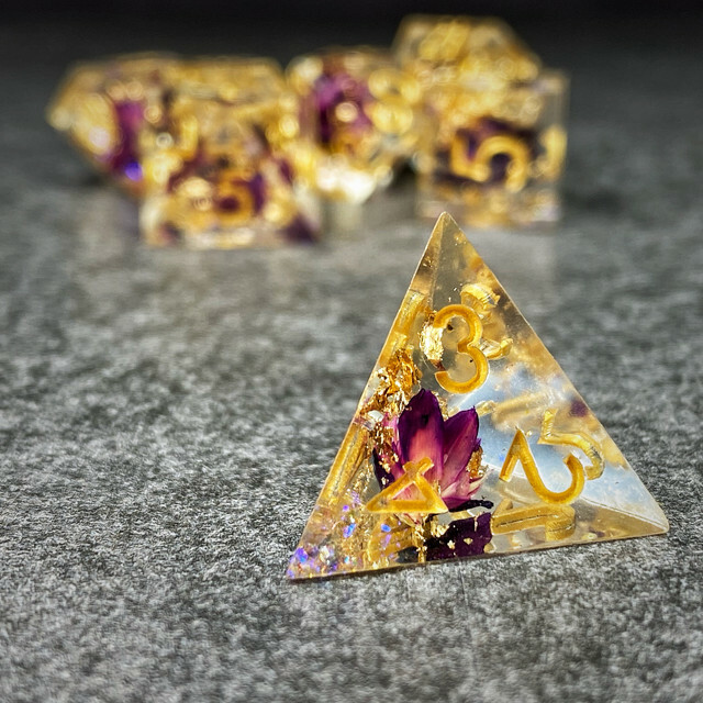 Sage’s Enchanted Flower Purple Sharp Edge Resin Polyhedral Dice Set DnD