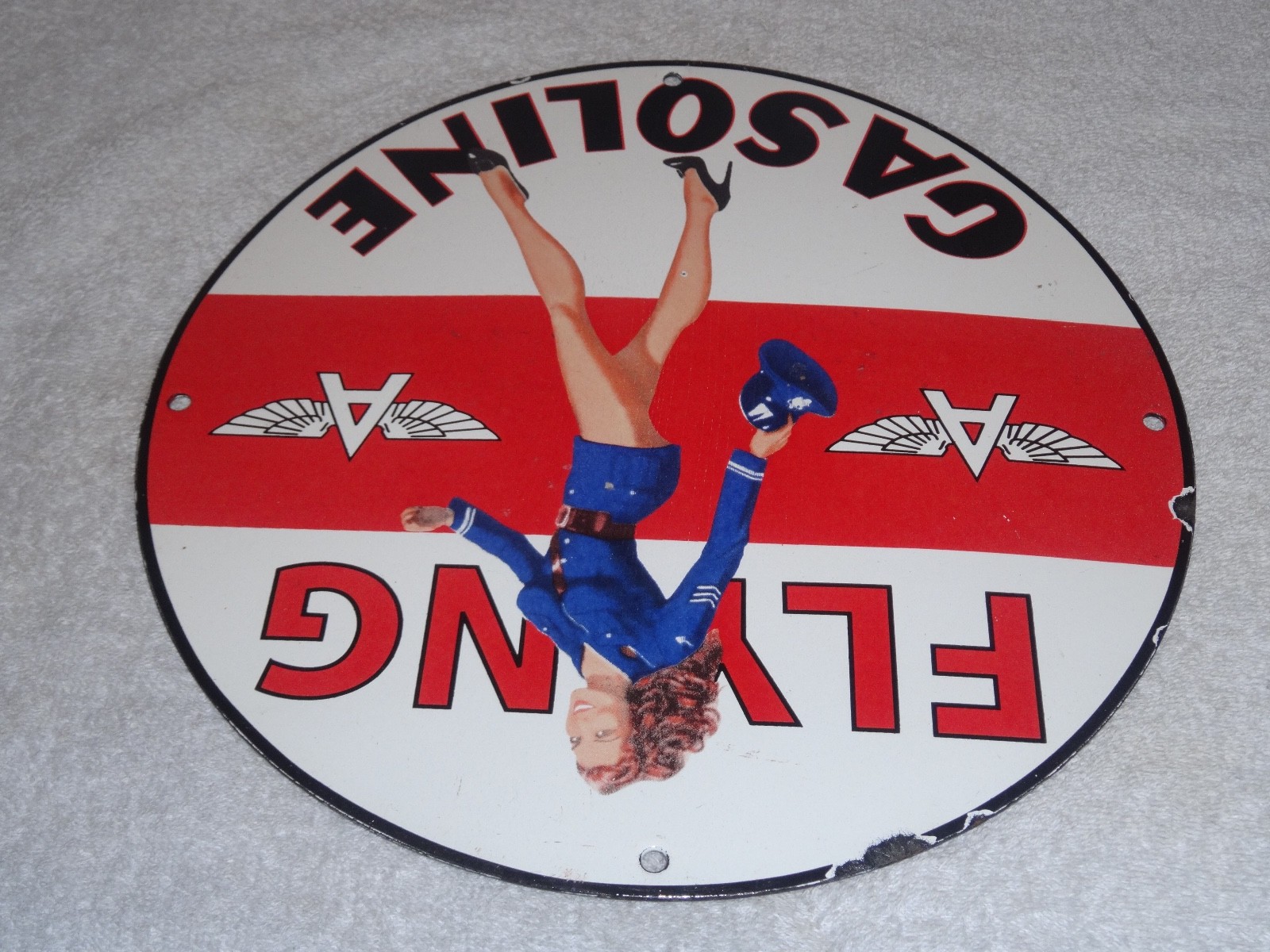 VINTAGE FLYING A AIRPLANE STEWARDESS WOMAN 11 3/4" PORCELAIN METAL GASOLINE SIGN