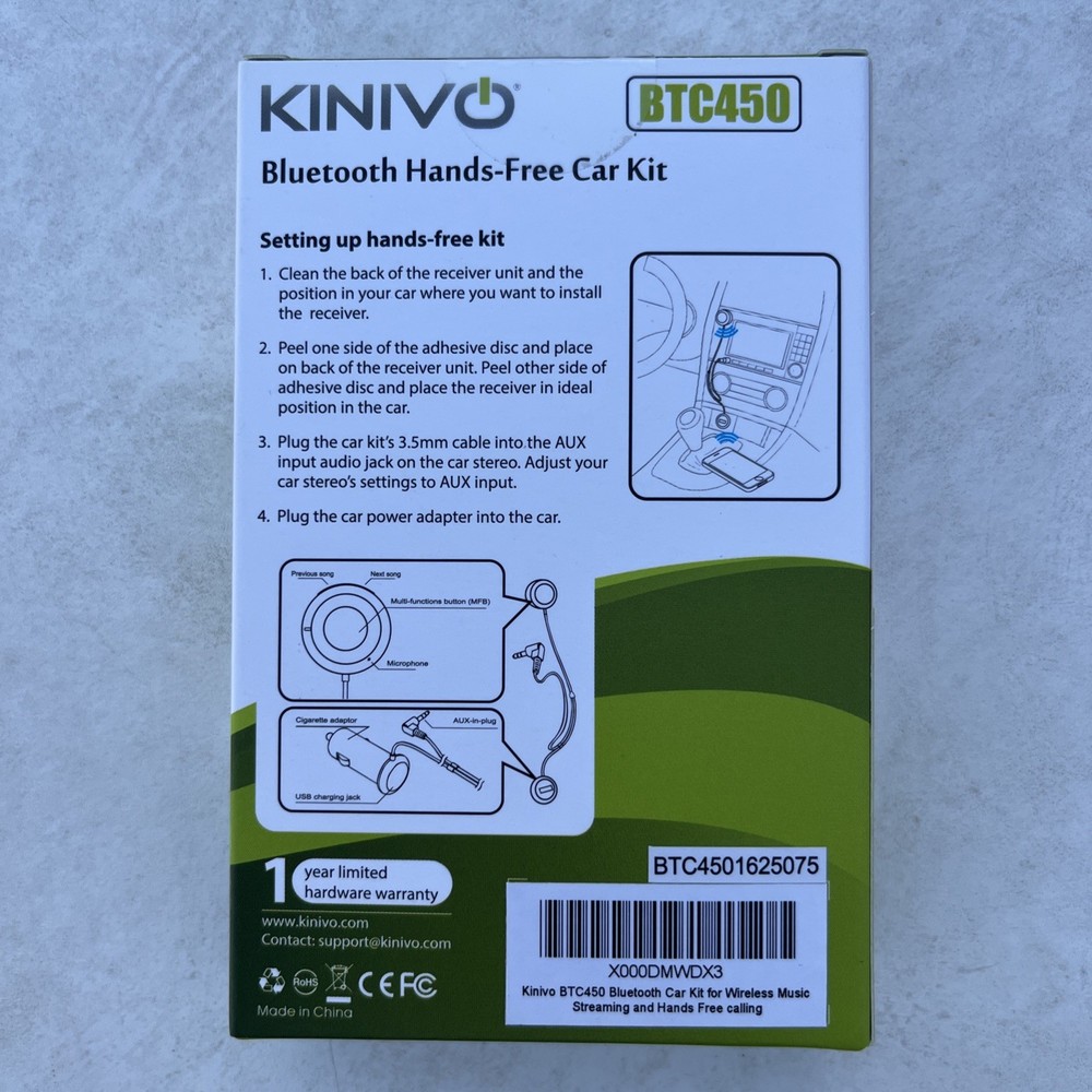 Kinivo BTC450 Bluetooth Car Kit (Hands-Free, AUX Bluetooth Adapter) Sealed Box