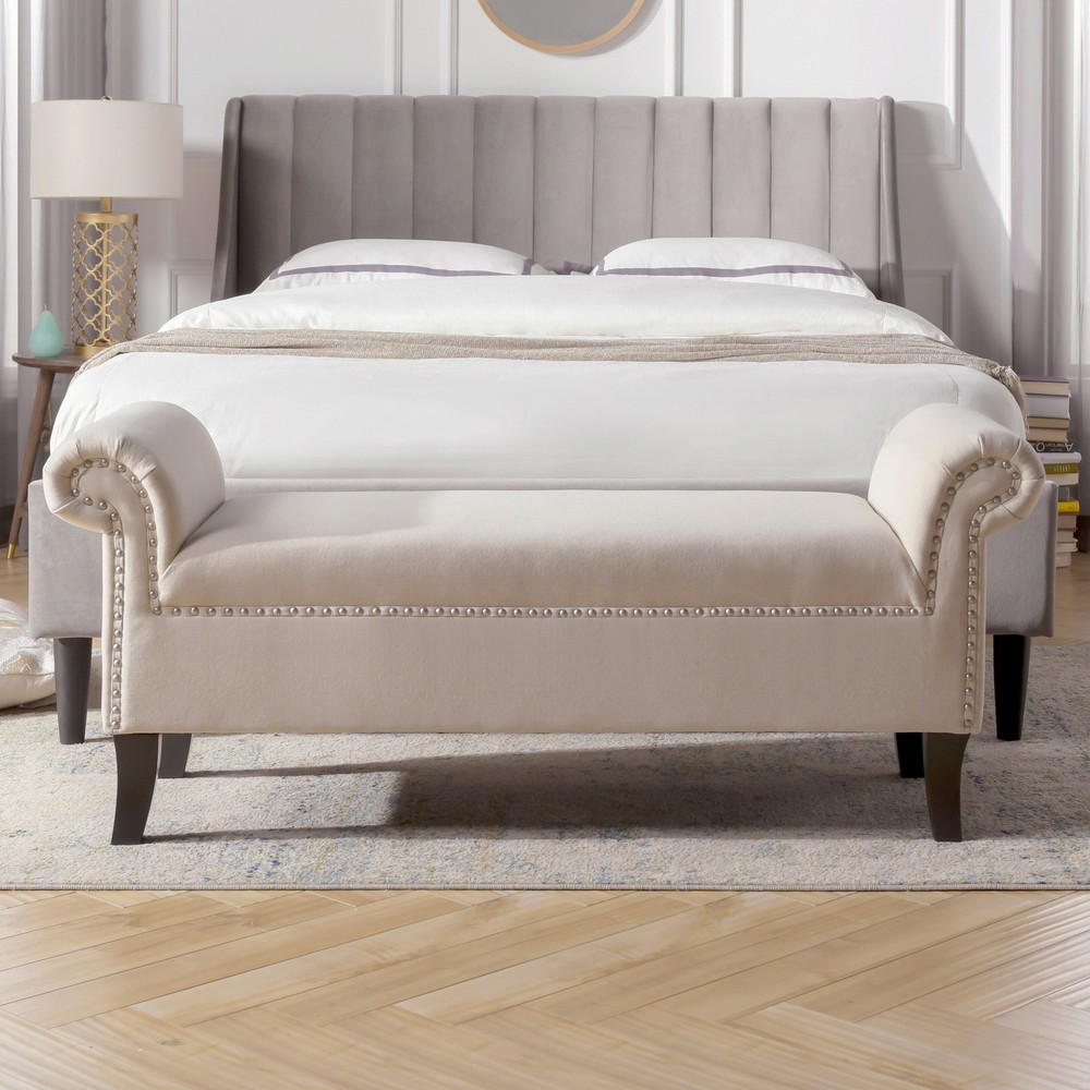 Kathy Roll Arm Entryway Accent Bench, Sky Neutral Beige Polyester