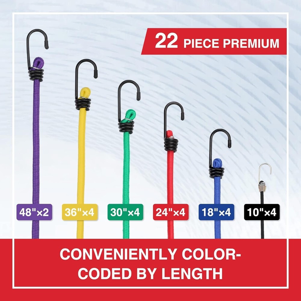 22-Piece Heavy-Duty Bungee Cord Set with Hooks - Multi-Size Ultimate Solution
