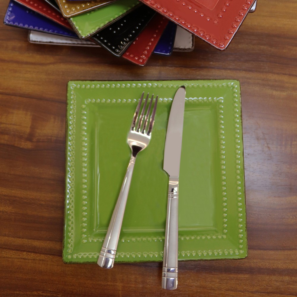 16 Pcs Square Beaded Stoneware Dinnerware set - Green, 16 Piece, Square Beaded