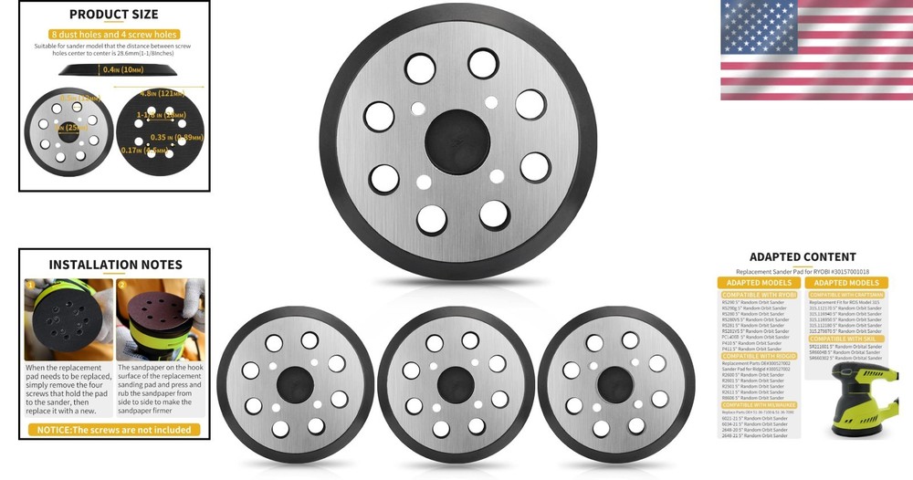 4-Pack 5" Hook & Loop Sander Pads for Ryobi & More