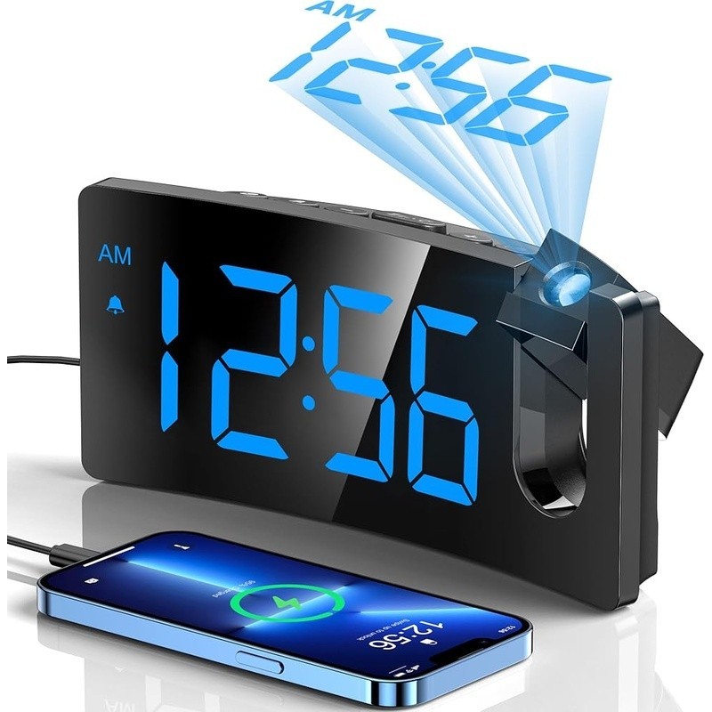 Projection Alarm Clock 180° Rotatable Projector USB Charging Snooze Function