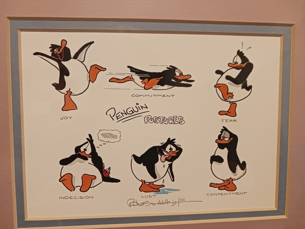 Robert Marble Signed Lithograph Print Matted Framed Metal Penguin Postures