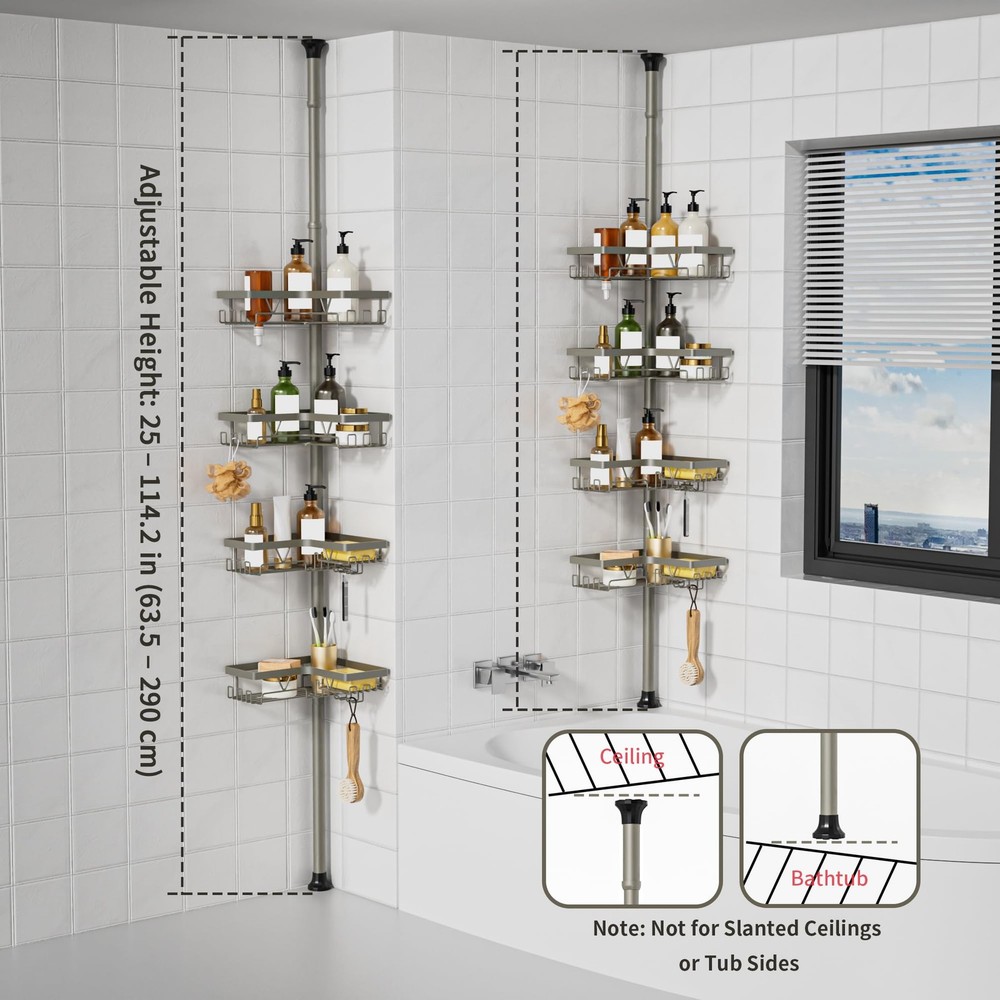 KEGII Shower Caddy Tension Pole 4-Tier Rustproof Adjustable Corner Bathroom Orga