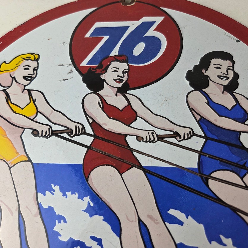 Vintage Union 76 Gasoline Sign - Porcelain Ski Show Gas Service Pump Sign