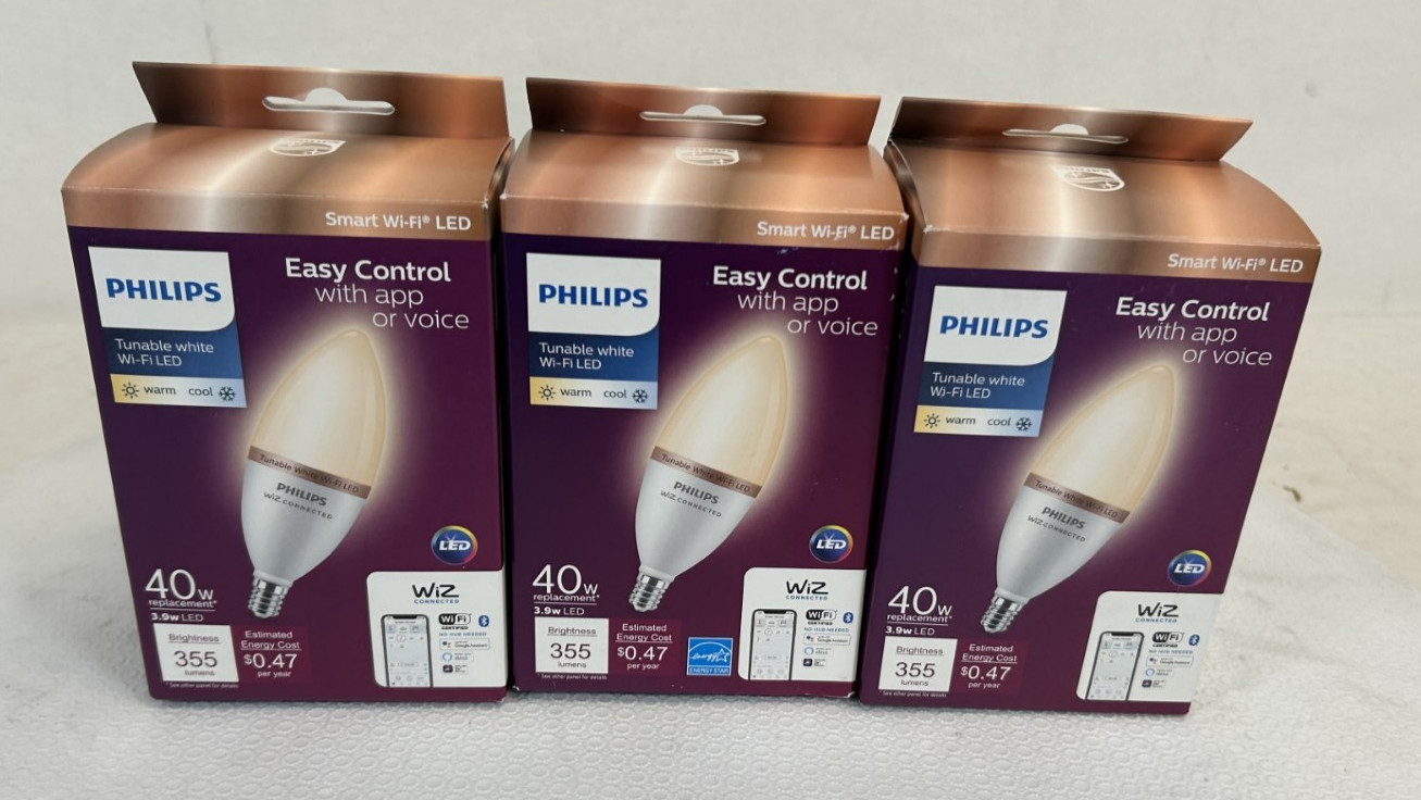 Lot of 3 -Philips Wiz 40W Tunable White Wi-Fi LED Bulb E12 -FREE S/H