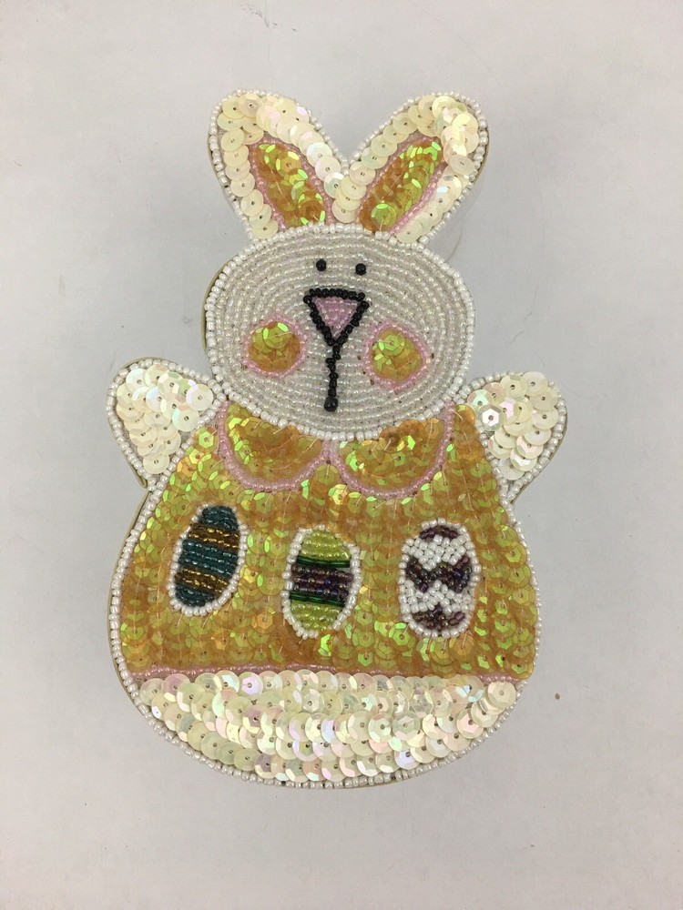 Vintage Easter Bunny Beaded Sequined Trinket Box Gift Holder Spring Decoration
