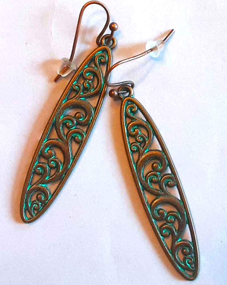 SCROLL SHAPE Age Copper long OVAL DROP earring copper FISH HOOK
