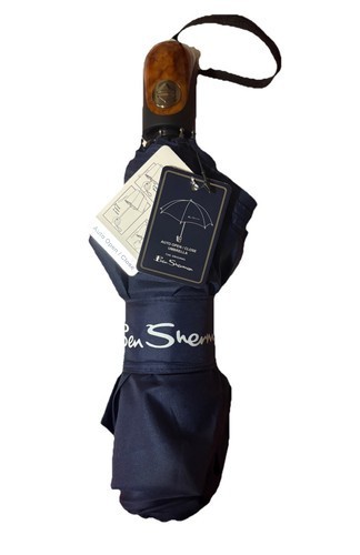Ben Sherman Automatic Folding Umbrella Windproof Compact Travel Navy Blue