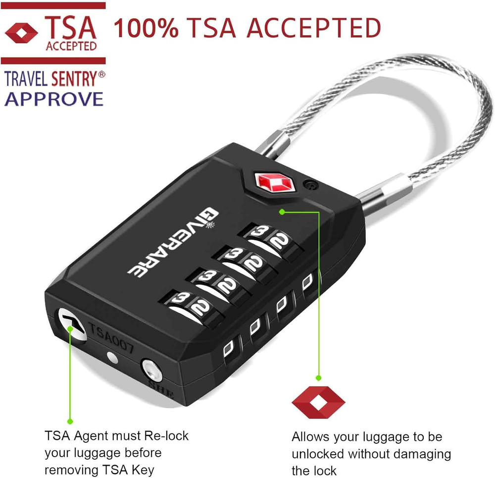 2-Pack TSA Cable Combo Travel Locks, 4-Digit Easy Read Dials, Weatherproof Black