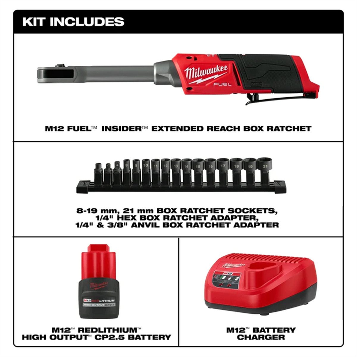 Milwaukee 3050-21 M12 FUEL INSIDER Box Ratchet Set, Extended Reach