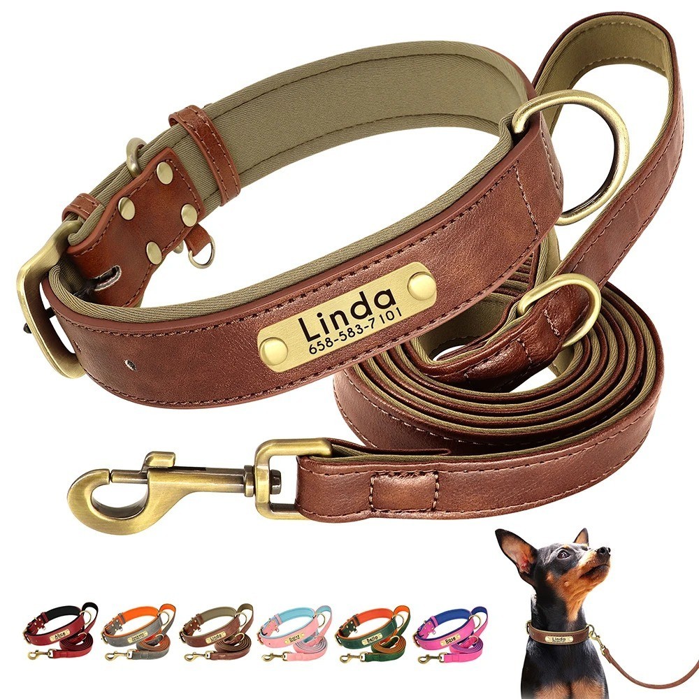 Soft Leather Personalized Dog Collar ID Tag Engraved for Small Medium Large Dogs