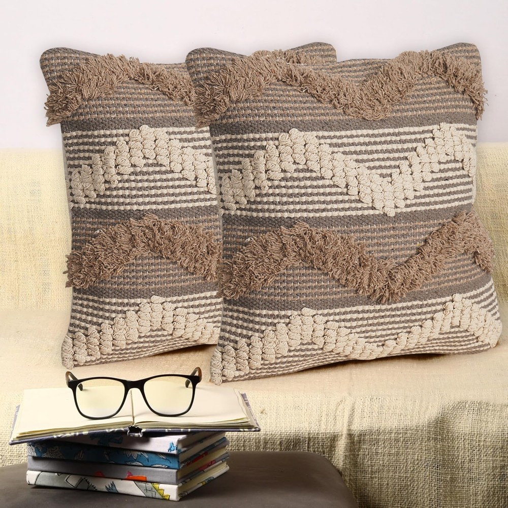 "18x18" Tufted Decorative Pillow Covers Boho Woven Texture Cushion Cases Throw