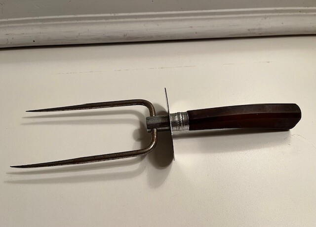 Vintage Large 2 Prong Meat Roast Fork Bakelite Handle with Guard MCM