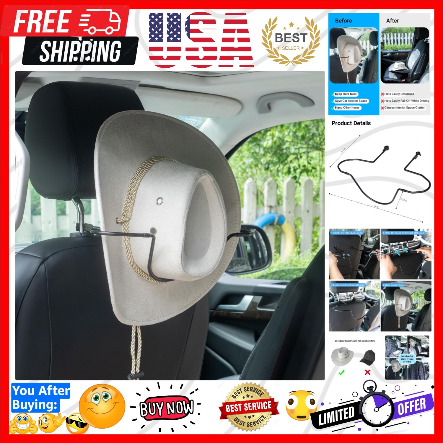 Yuoyar Cowboy Hat Holder for Truck SUV Car - Car hat Holder for Truck to Main...