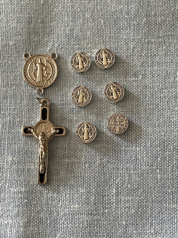 Saint Benedict Rosary Set Crucifix, Center & Pater Set 8 Pcs Silver Tone