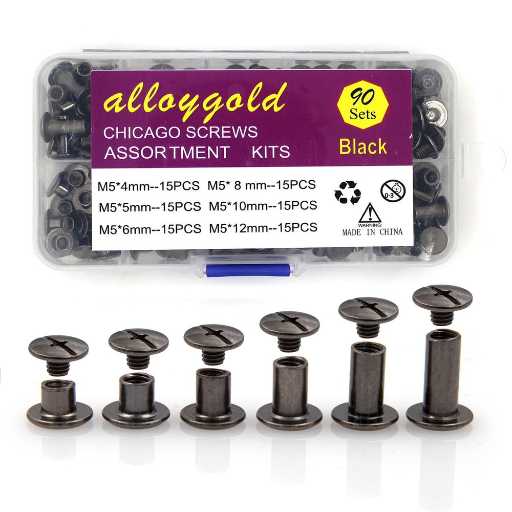 90 Sets Black Chicago Screw Leather Kit 6 Sizes Rivets Craft Binding M5