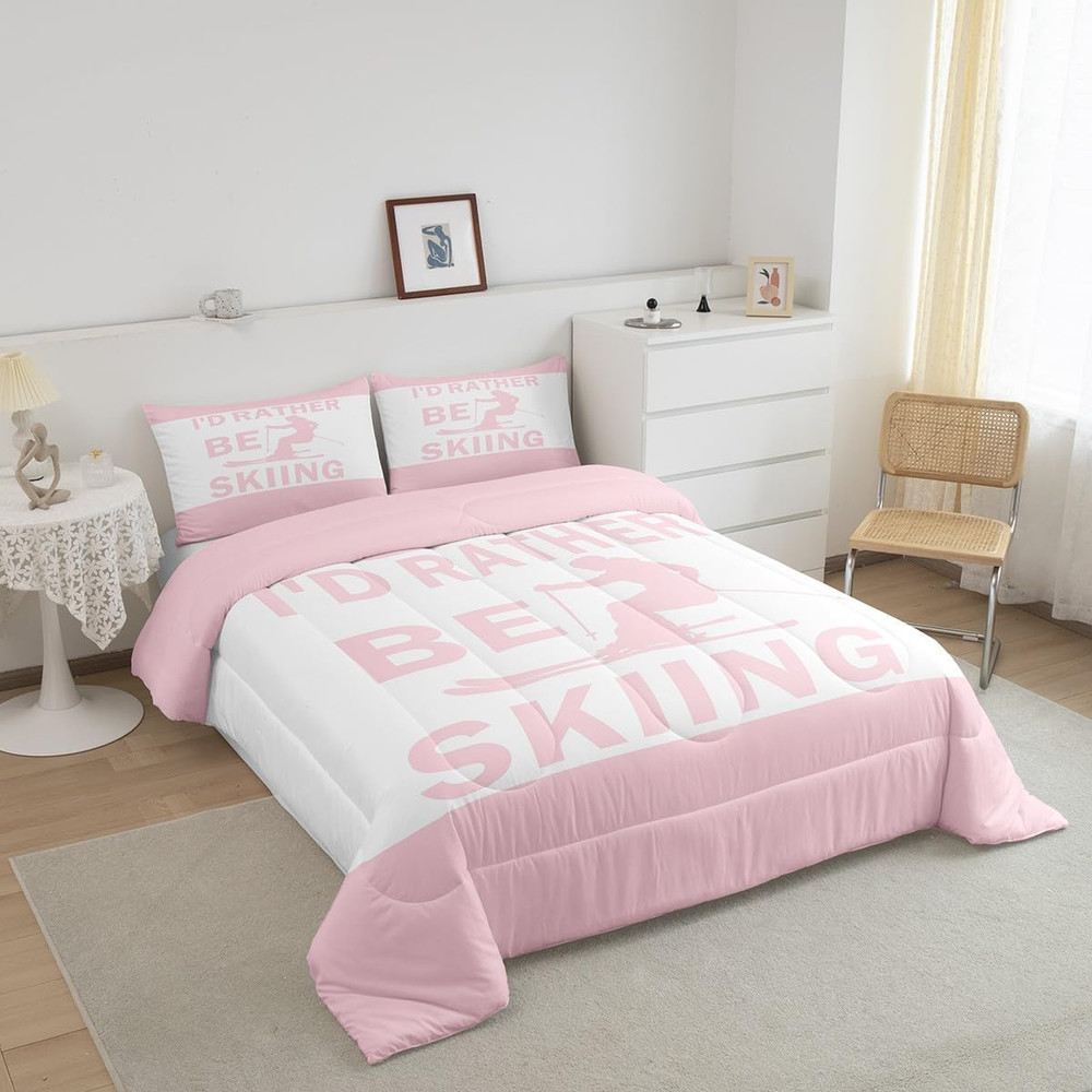 Skiing Comforter Set, Pink Geometric Bedding for Kids & Teens