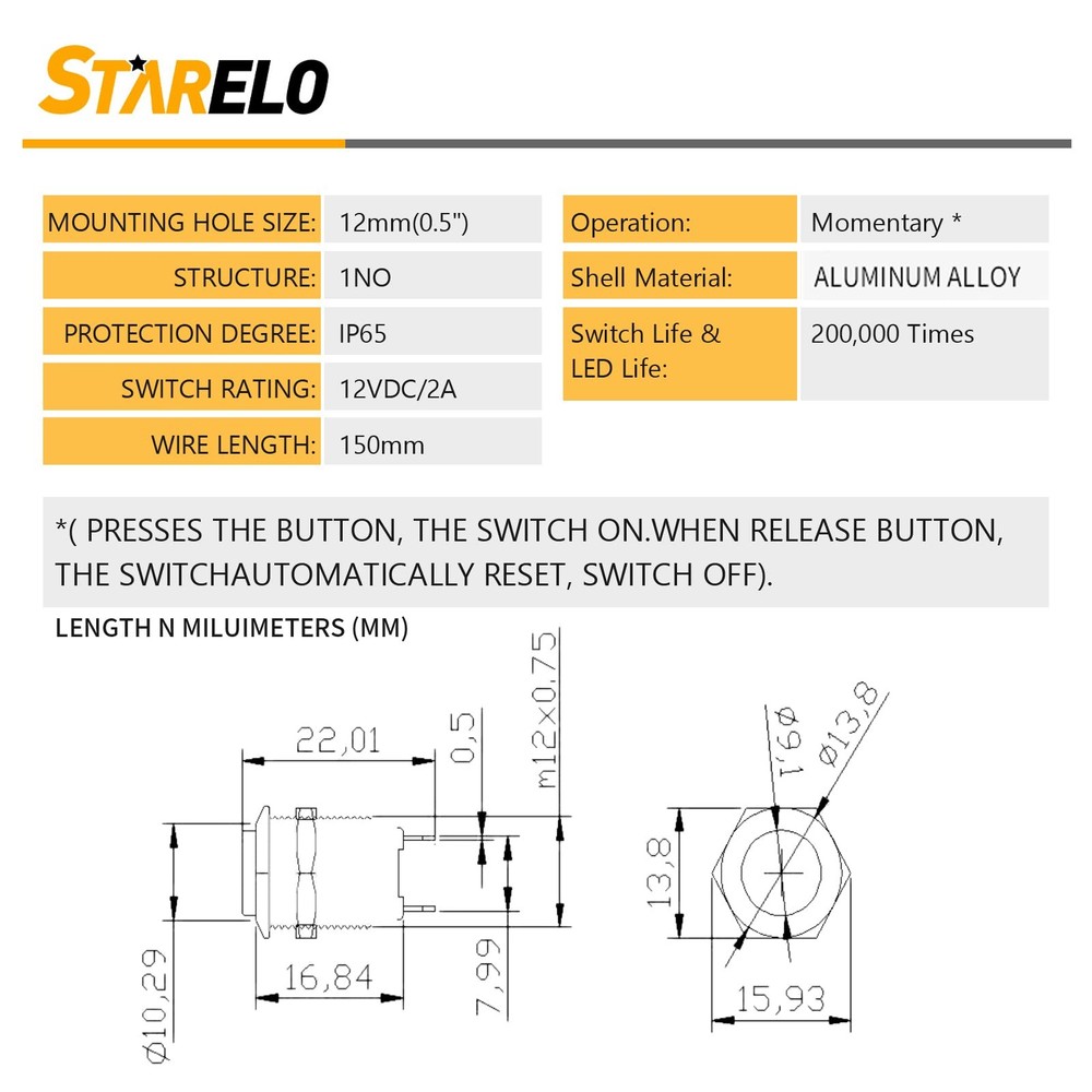 STARELO 5pcs 12mm Momentary Push Button Switch Black Shell with