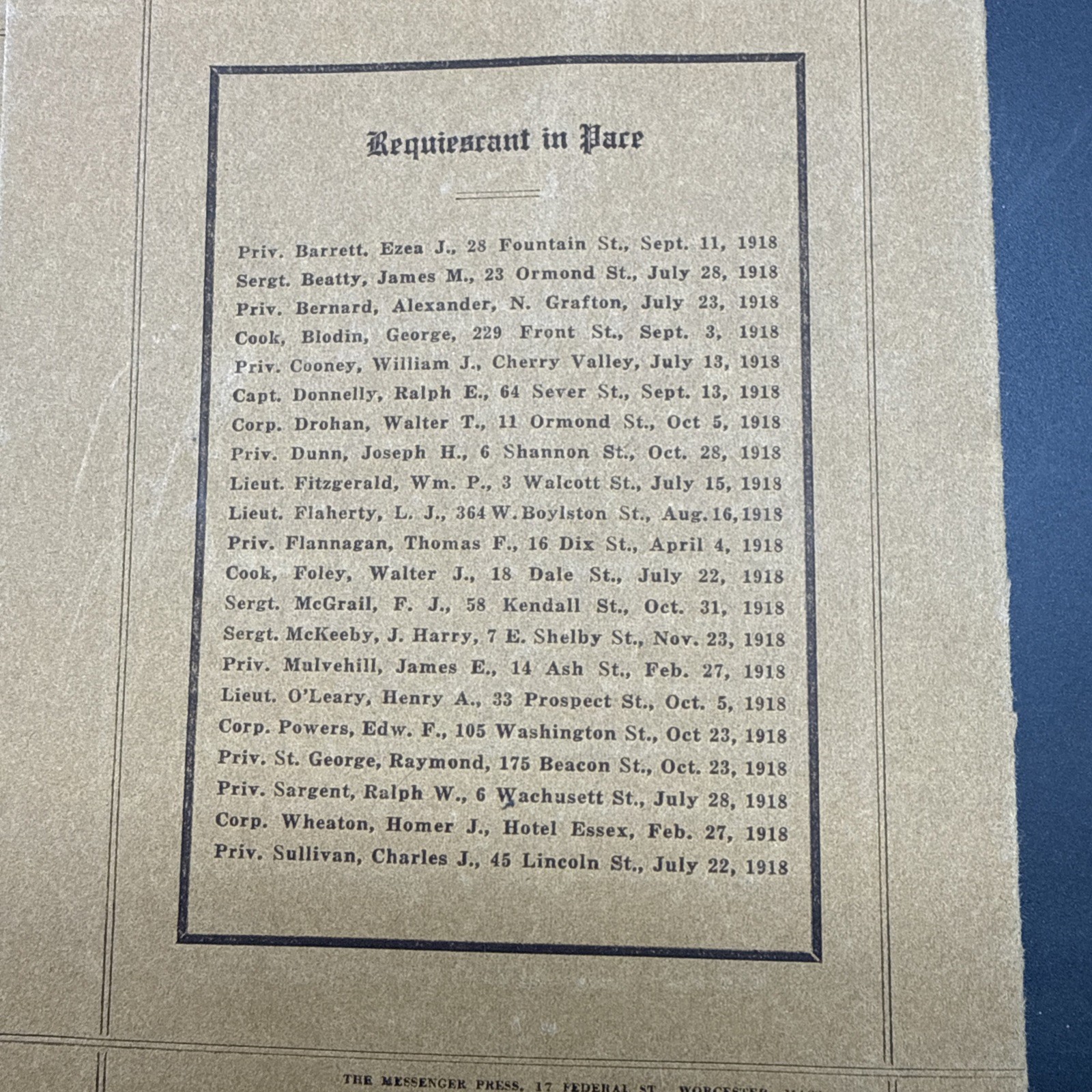 WWI 1919 Welcome Home Dinner Tribute Co. G 101st Infantry 26th Division menu YD