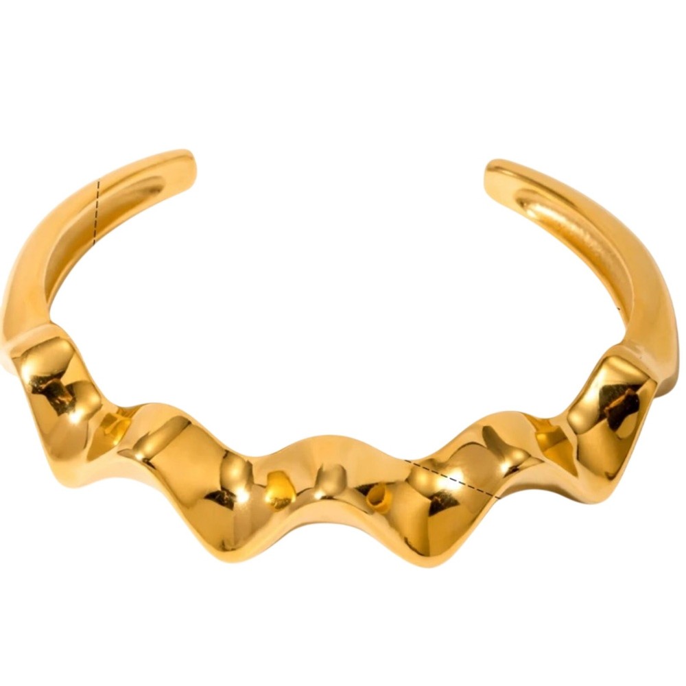 Gold Tone Wavy Chunky Bangle Bracelet Adjustable Boho Minimalist NEW Stackable