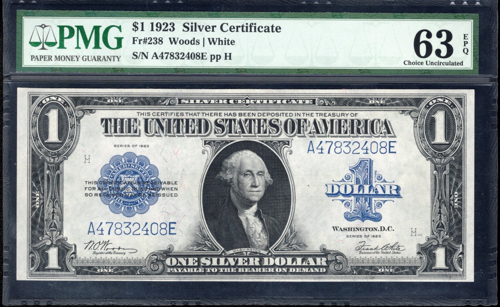 1923 $1 SILVER CERTIFICATE HORSEBLANKET PMG 63 EPQ Fr 238 32408