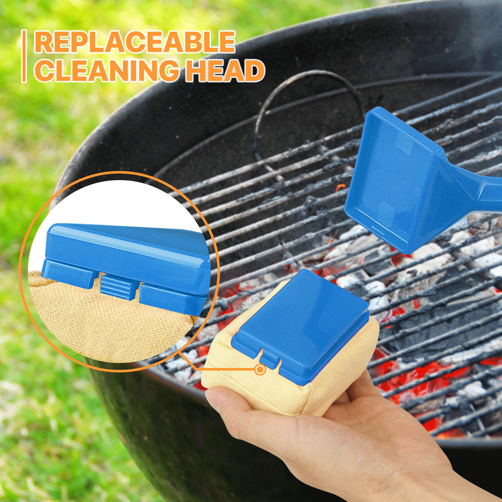 BBQ Grill Cleaning Brush Outdoor Kitchen Free Scrubber w/Replaceable Head Blue