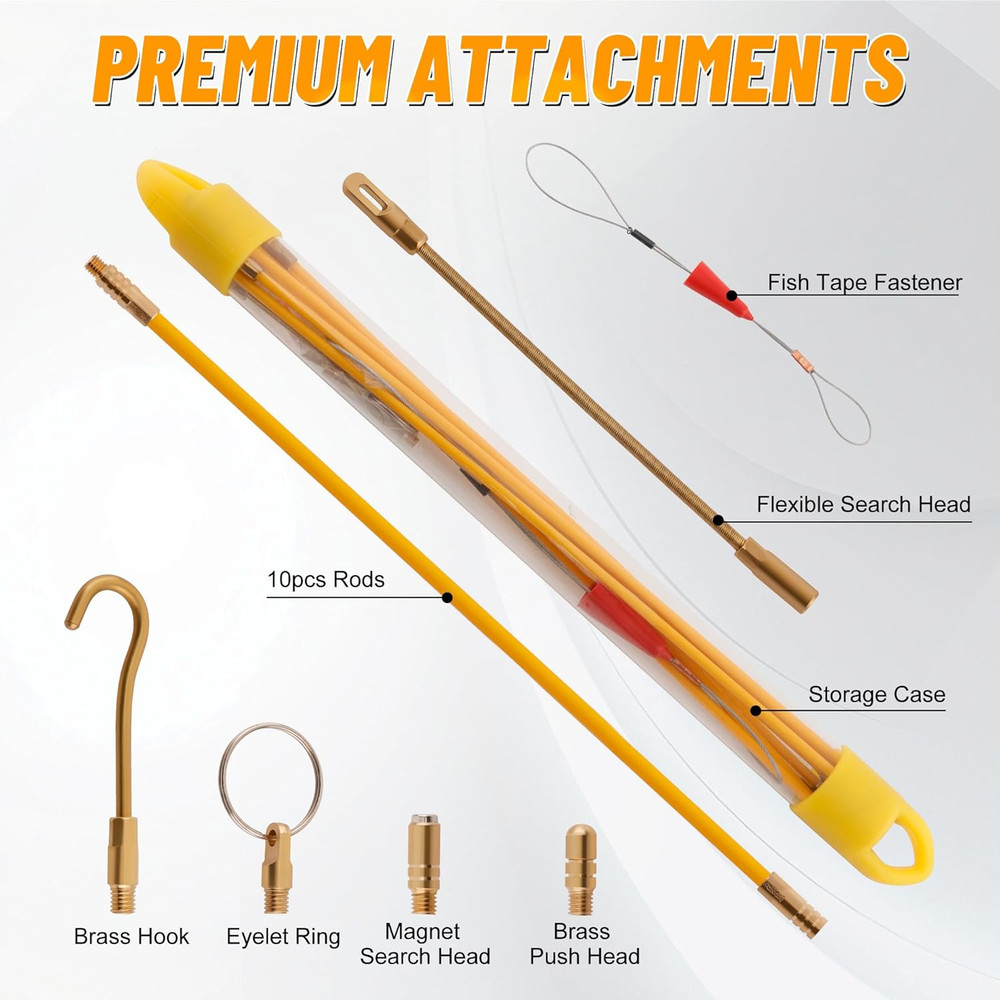 11FT Fiberglass Running Electrical Wire Cable Glow Rods Wire Pulling Tools Fish