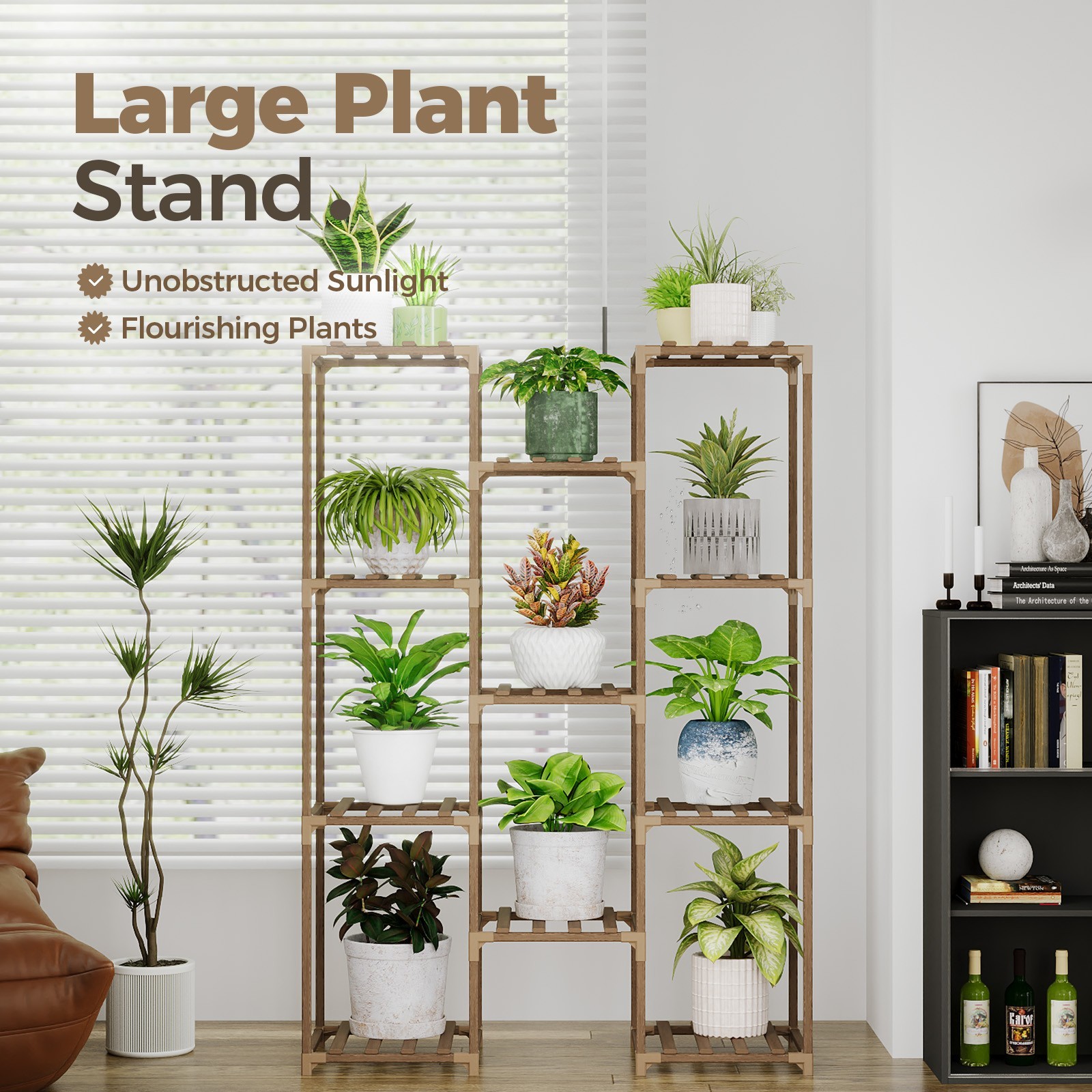Bamworld Plant Stand Tall Plant Shelf for Multiple Plant Pots Wood Flower Stand