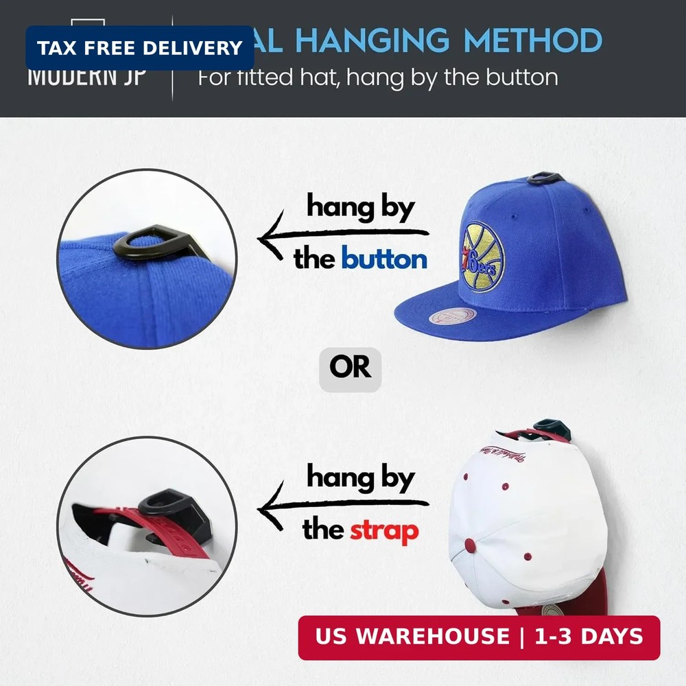 Modern JP Adhesive Hat Hooks for Wall (16-Pack) - Hat Rack for Baseball Caps, Mi