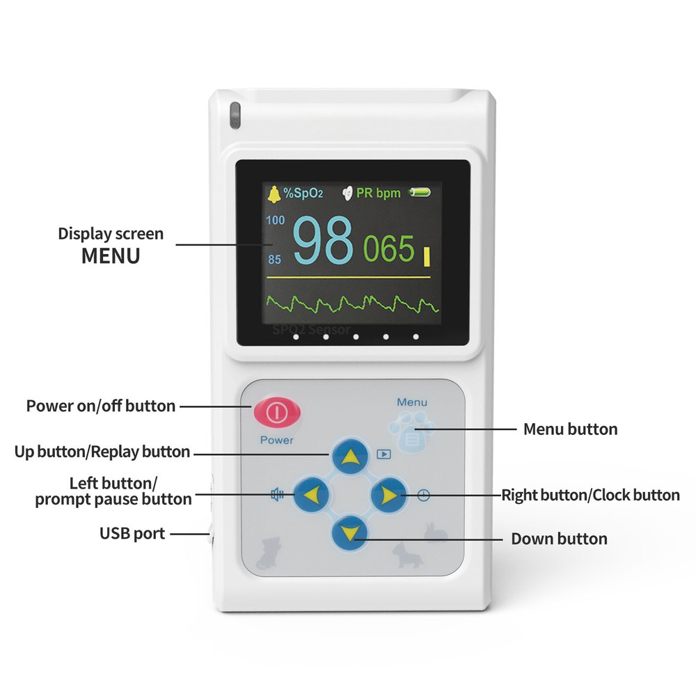 Handheld Veterinary Pulse Oximeter CMS60D-VET Tongue SpO2 Probe PC Softwar